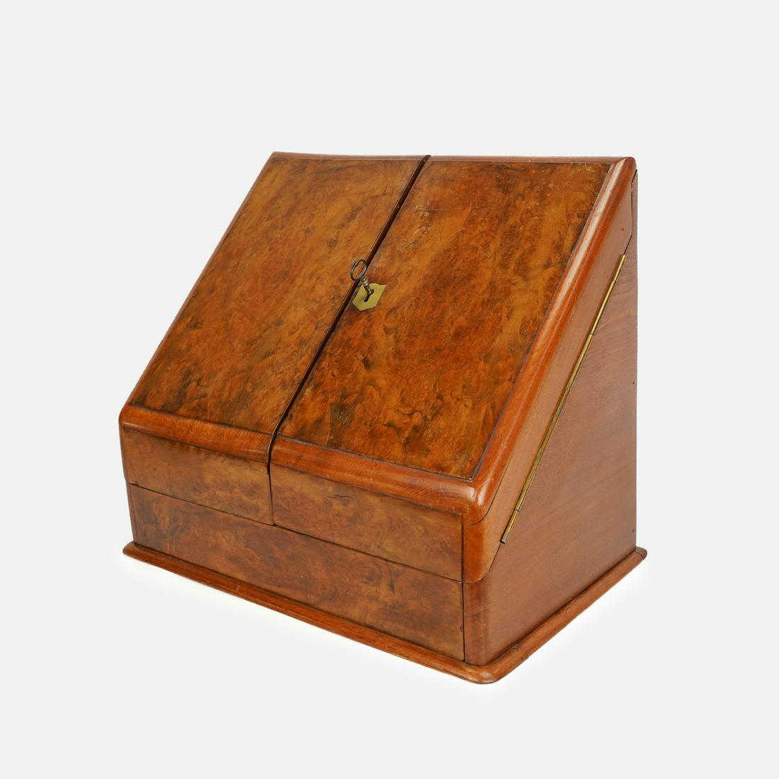 Antique 19thC Victorian Burl Wood Two-Door Slanted Stationary Box (1 of 18)