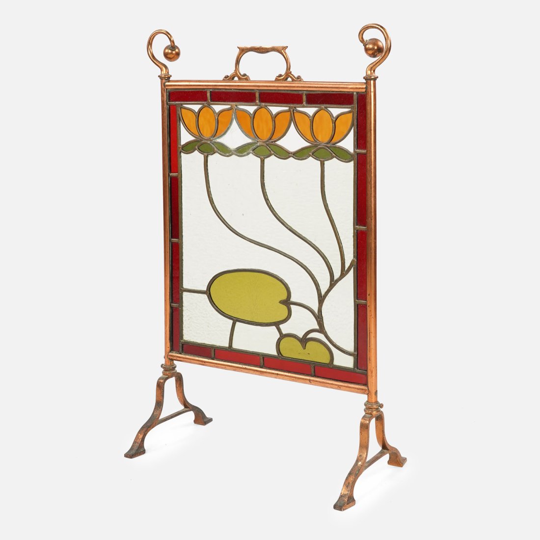 Antique Bronze and Stained Glass Art Nouveau Standing Fireplace Screen (1 of 10)