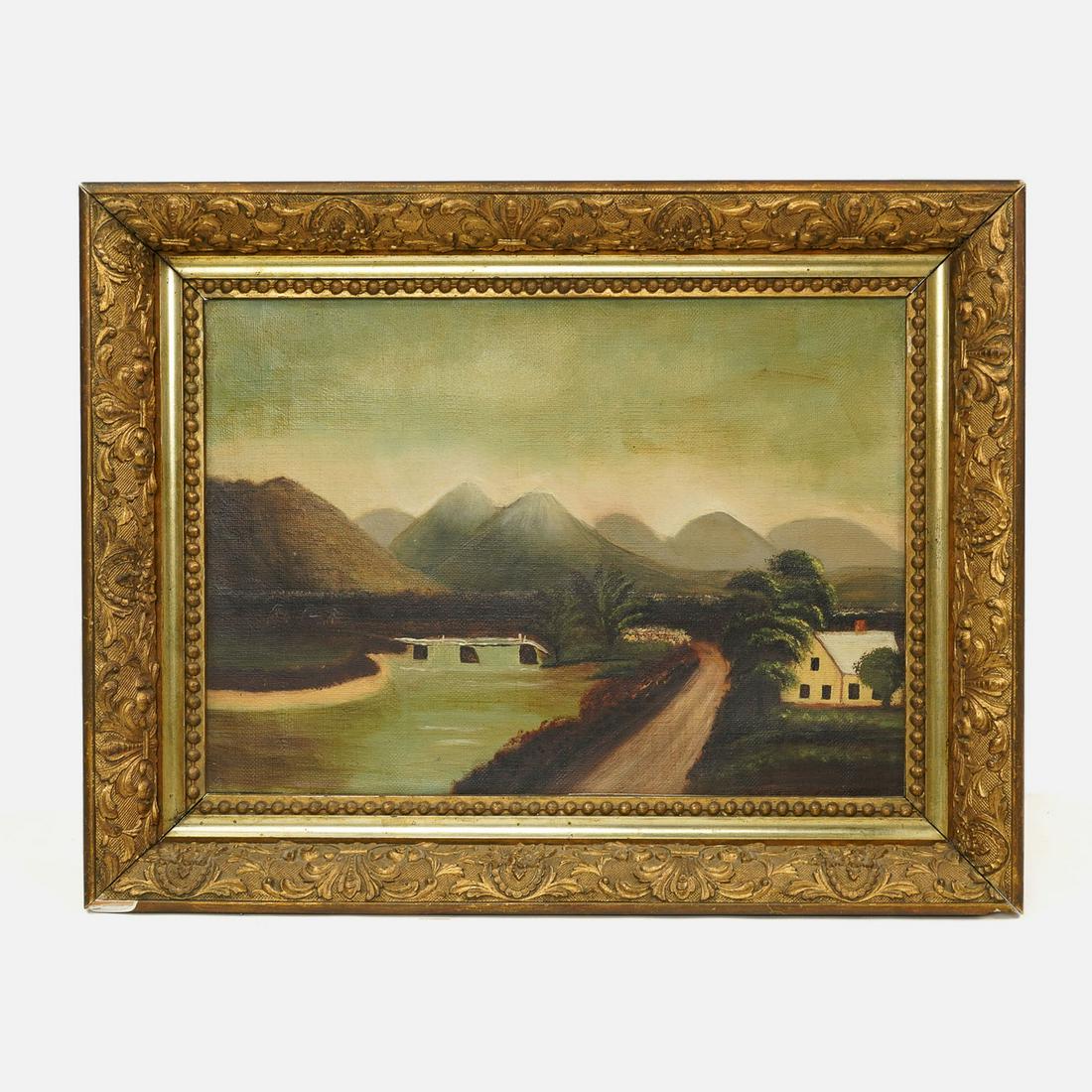 Antique Oil on Canvas Landscape Folk Art Painting: Ca. late 19th to early 20thC. Very good with no rips or repairs. Apparently not signed. Sight Size H: 9" W: 12 1/2"