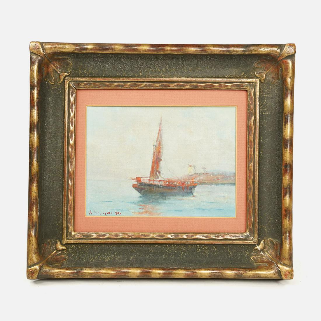 Original Signed Acrylic on Canvas Maritime Painting Sailboat in Harbor (1 of 7)