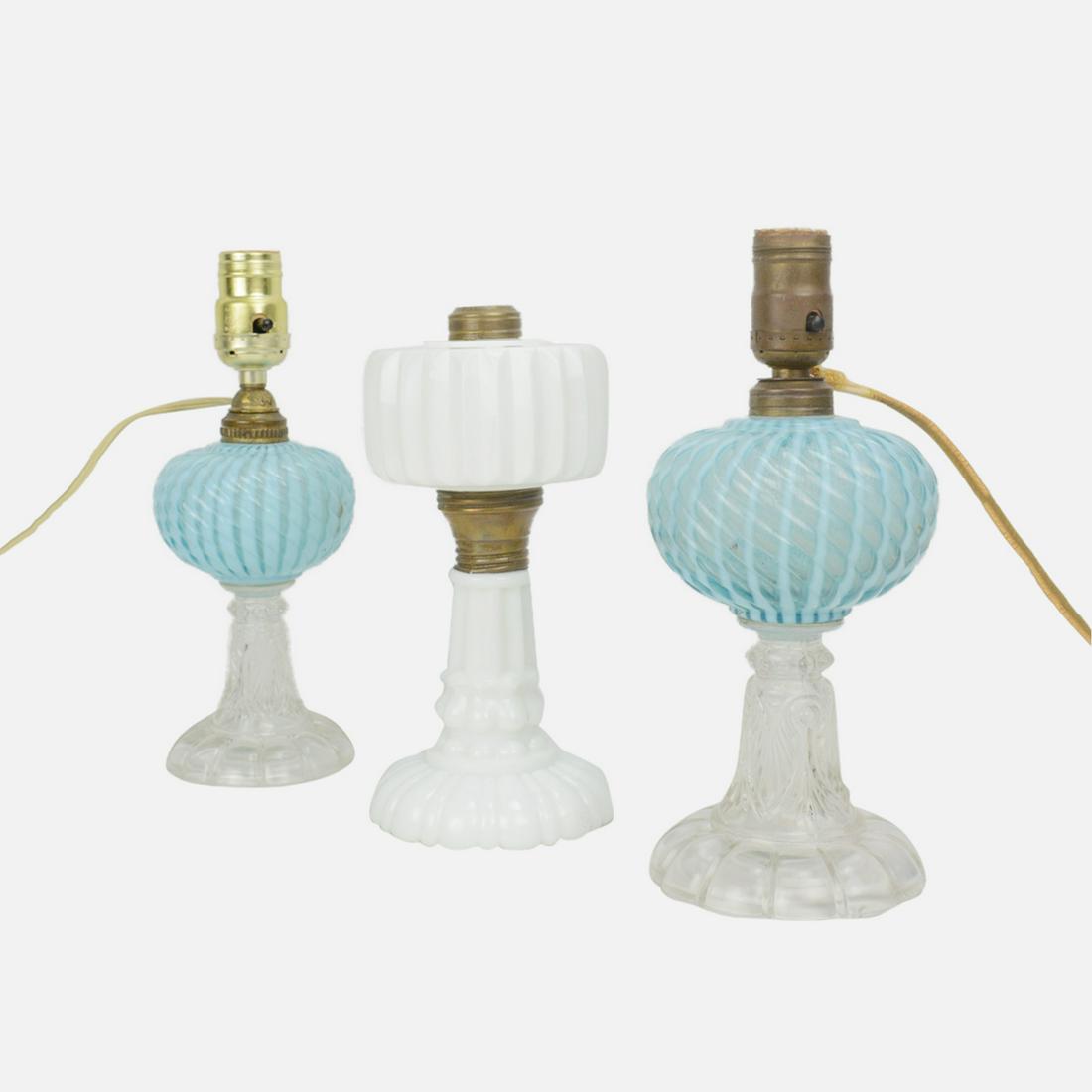 Pair Antique Blue Swirl Oil Lamps and Milk Glass Oil Lamp (1 of 18)