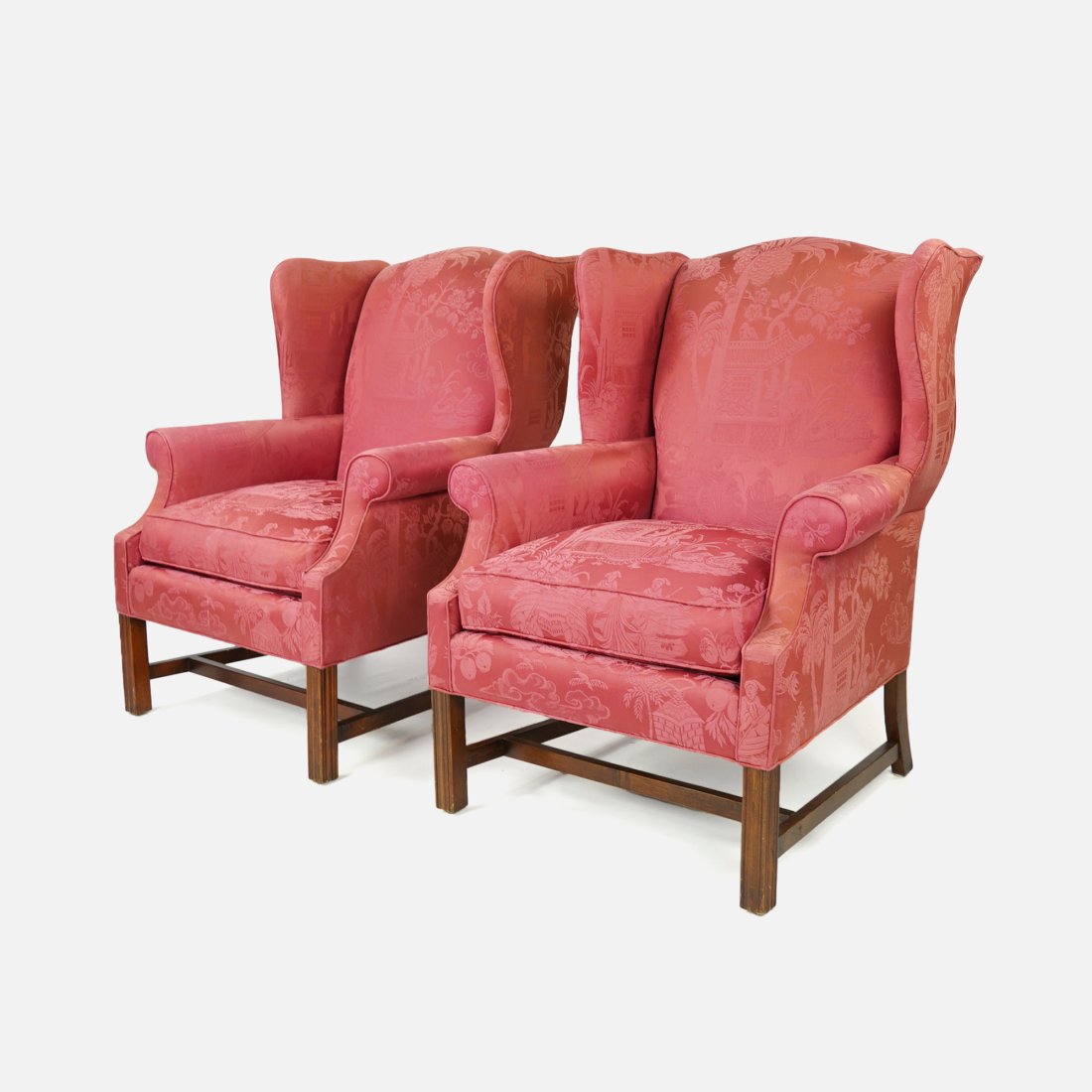 Pair of High Quality Drexel Wing Back Armchairs w/Silk Damask Chinoiserie Upholstery: Ca. 20thC. Very good and ready to use.