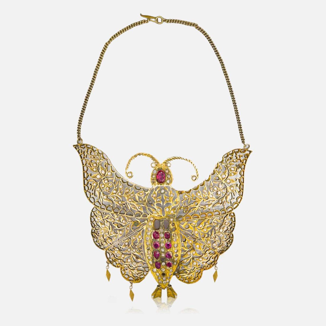 Big Antique Hand Cut Gilt Silver Butterfly Gorget Pendant Necklace w/Paste Stones (1 of 8)