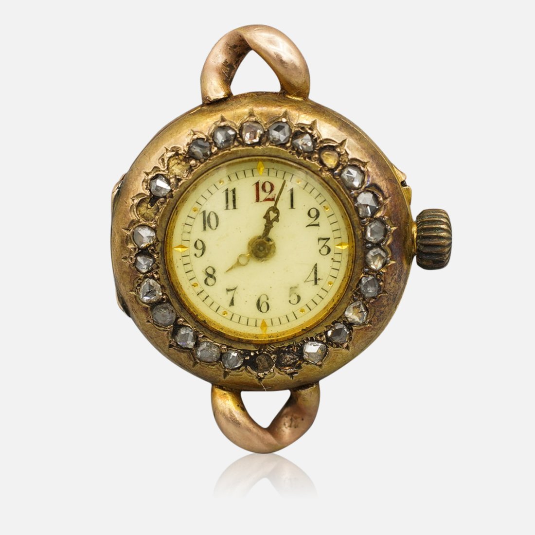 Antique Swiss 14K Yellow Gold and Diamond Small Ladies Wristwatch: Ca. late 19th to early 20thC. Not marked-tested 14K. Presently not running-the movement apparently works, however the crown does not engage to wind the mainspring. Approx. diameter: 24mm. There are 22