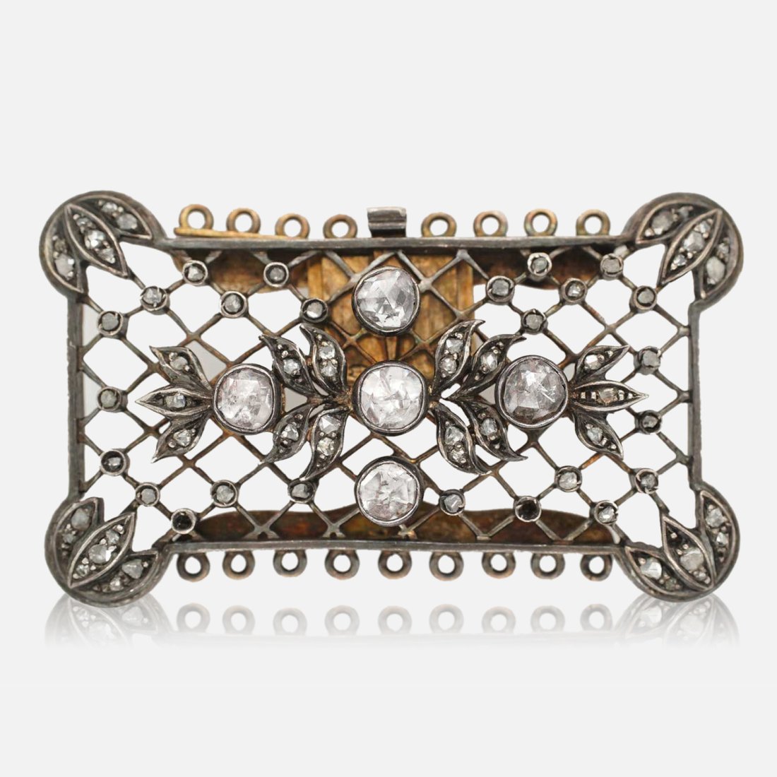 Antique Victorian 14K Gold and Diamond Fabric Choker Necklace Buckle: Ca. mid 19thC. Excellent with no breaks or repairs. On the buckle, and again on the clasp piece, there are nine loops for thread, for a total of eighteen loops. This is where the piece was sewn onto a