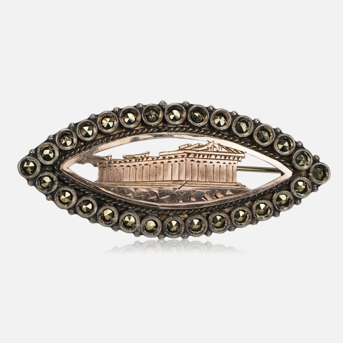 Antique Silver and Gold Marcasite Parthenon Brooch Pin: Ca. late 19th to early 20thC. Excellent with no breaks or repairs. No missing stones. The silver frame holds twenty-eight marcasite stones surrounding a 9ct gold hand cut design showing the ancient At