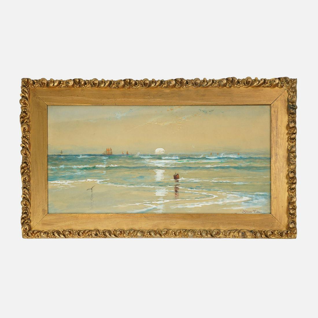 Lewis, Edmond Darch "Moon Tides" Watercolor on Board: Ca. first quarter 20thC. Very good, framed under glass-the glass needs cleaning both inside and out. Moon Tide" by Edmund Darch Lewis (1835-1910) signed and dated 1902 bottom right (covered by frame),