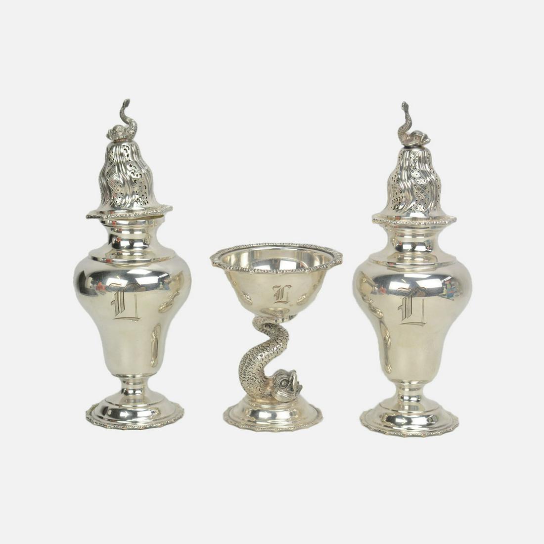 Ellis & Barker Silver Plate Salt and Pepper Shakers and Goblet: Ca. first quarter 20thC. Ellis and Barker, England, silver plate salt and pepper shakers and goblet. With the Ellis & Barker menorah mark and "England".