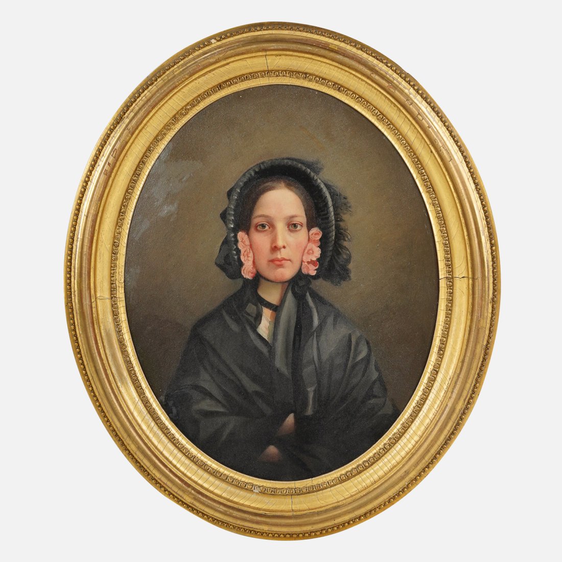 19thC. France. "Young Women with Roses in Her Bonnet" Oil on Board (1 of 8)