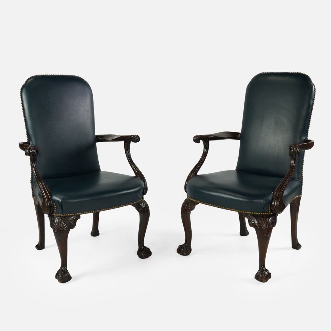 Pair Georgian Style Carved Mahogany Blue Lolling Armchairs (1 of 19)