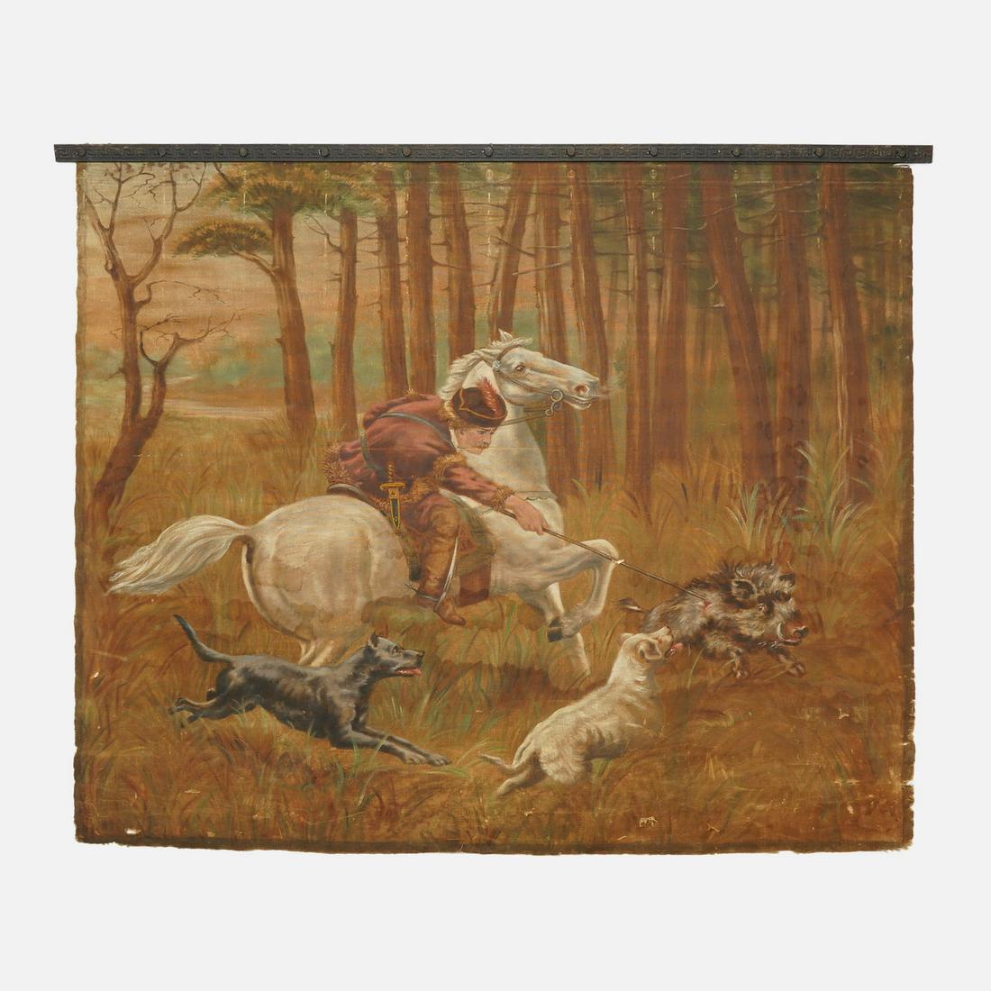 Large Antique Tapestry Painting Wild Boar Hunting Greek Key Metal Bar Wall Hanging Mount (1 of 14)