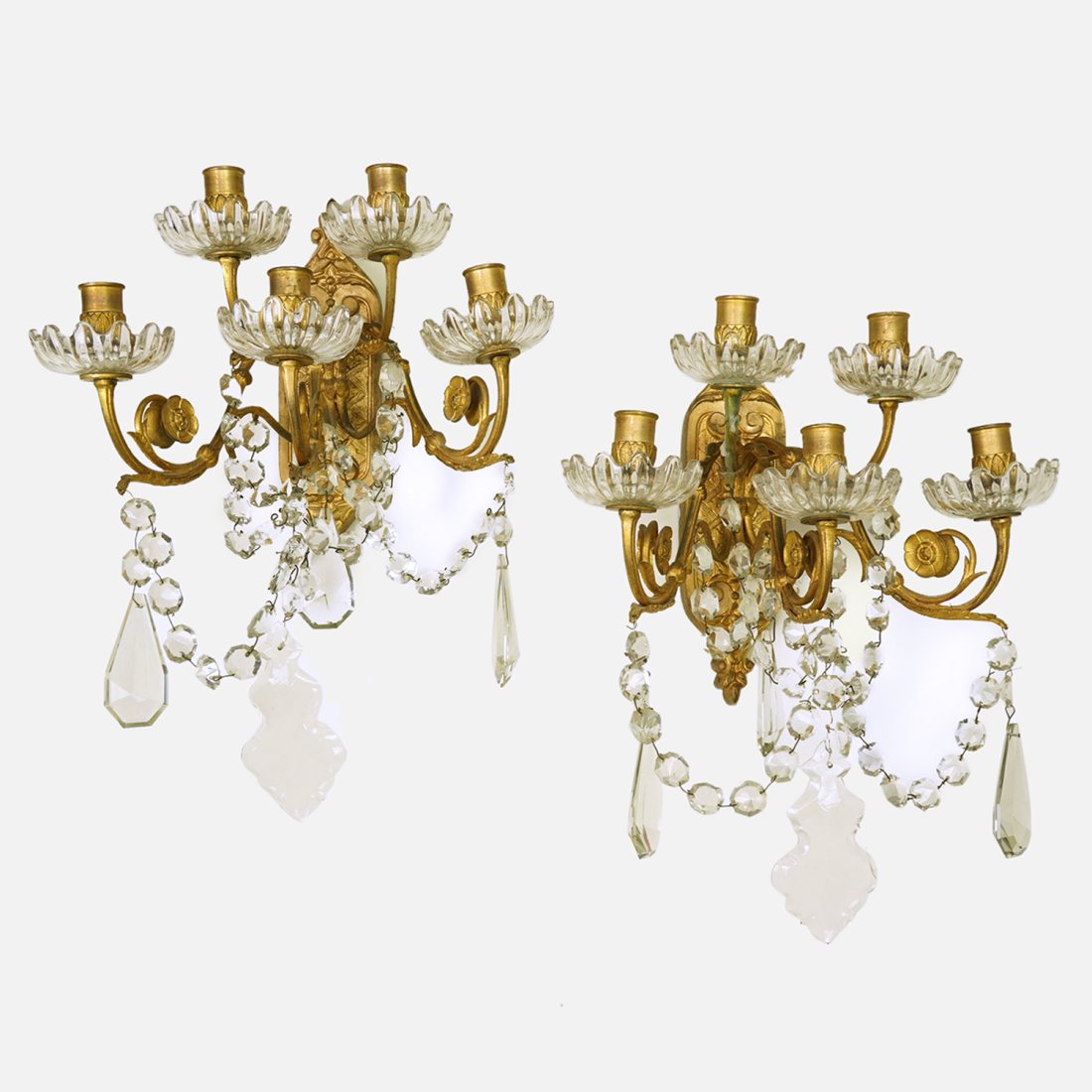 Pair Fine Early 20thC French Gilt Bronze and Cut Glass Wall Sconces (1 of 10)