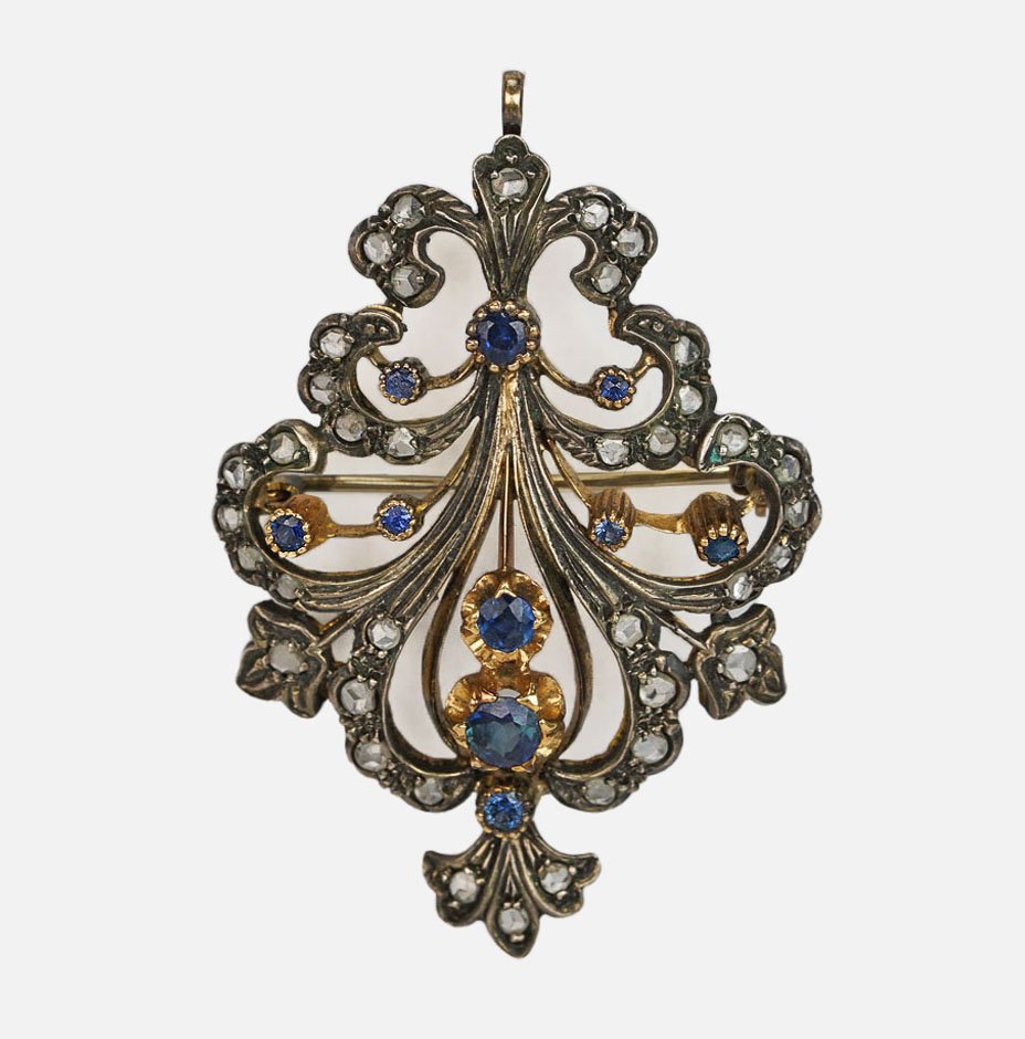Antique Victorian 18K Gold Pendant Brooch with Diamonds and Sapphires (1 of 9)