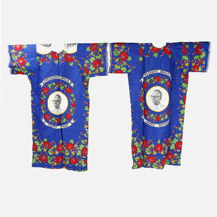 Two Commemorative Liberian African Garments Recognizing President Tubman's Birthday: Ca. second half 20thC. Two commemorative Liberian garments commemorative "President Tubman Happy Birthday". Measurements for slightly larger garment. Very good overall, with slight age-appropriate con