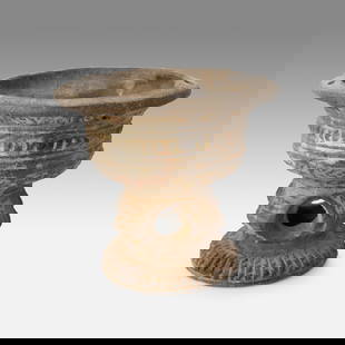 African Pottery Hanging Pedestal Base Oil Lamp Liberia: Ca. 1st half 20thC. Very good with no breaks or repairs. Notes located within the Nooter estate papers indicated a pedestal base oil font, pottery, with bent knees was purchased in Liberia. Ex-Nooter