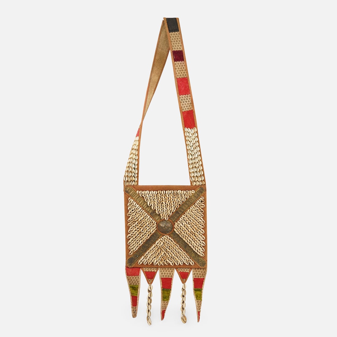 Ifa African Diviner's Decorative Ceremonial Tribal Bag Yoruba, Nigeria #1: Ca. 20thC. Trade fabric, long straps, leather, cowrie shells, brass; Yoruba, Nigeria. This "bag" does not open, and it seems was intended to be used decoratively inside of a home or shrine instead of 