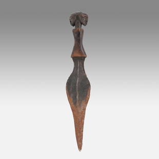 Luba Songye African Carved Wood and Iron Tribal Short Sword, DRC.: Ca. mid 20thC. Luba or Songye style ceremonial short sword featuring well-carved Janiform heads, wood, iron; Democratic Republic of Congo. Very good, with age-appropriate wear consistent with age and