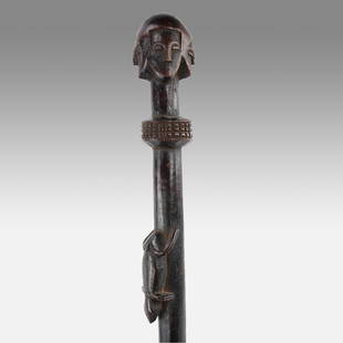 Antique Makonde Zoomorphic African Four Head Carved Wood Tribal Staff: Ca. 1st half 20thC. Carved Makonde attrib. wood staff. Featuring four heads, double-headed serpent, and a frog. Very good with no breaks or repairs. Fantastic original patina. We believe this staff