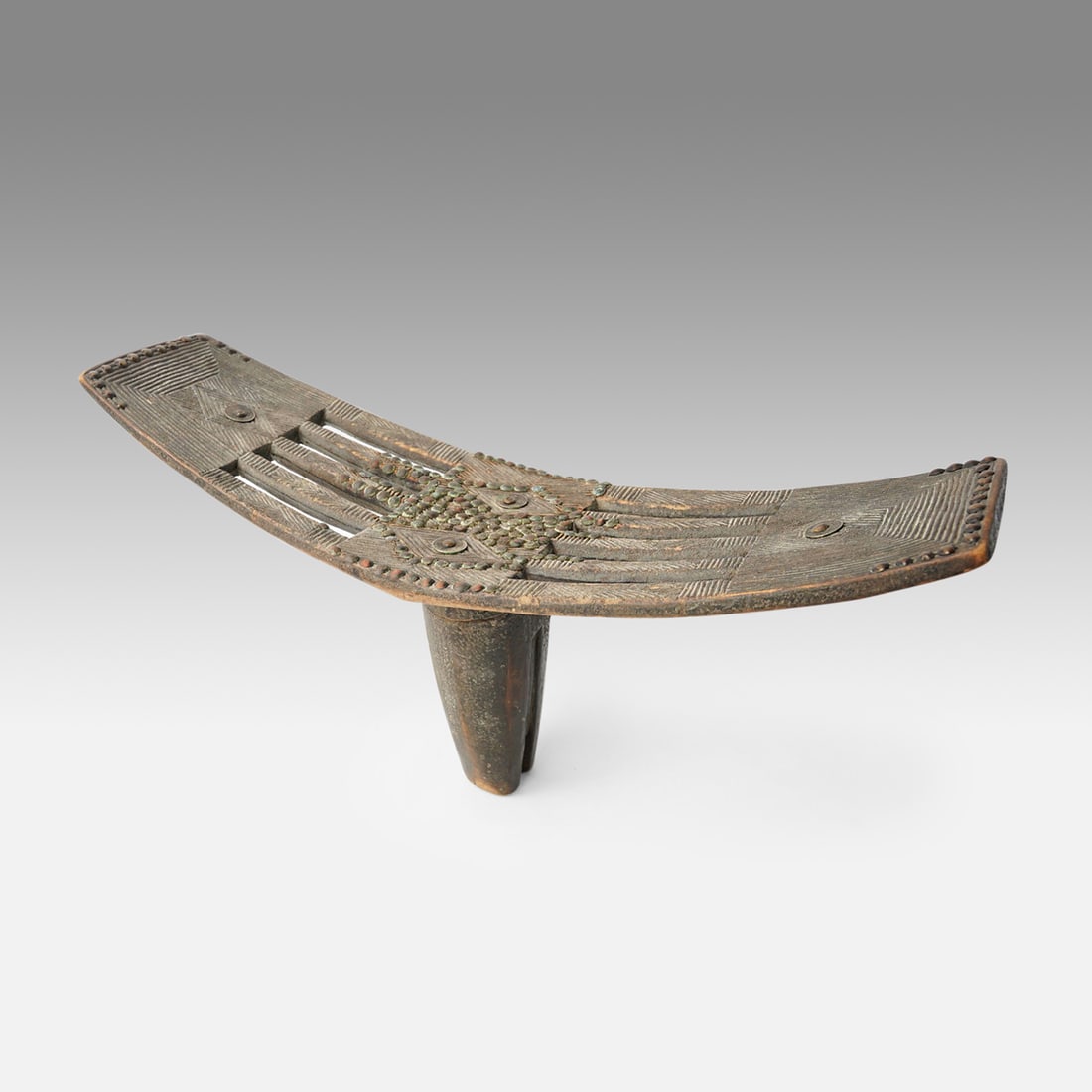 Ngombe African Carved Wood and Brass Stool Sankuru Backrest w/Belgian Congo Free State Coins, DRC (1 of 10)