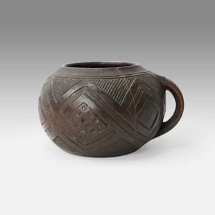 Fine Kuba African Carved Dark Wood Cup w/Handle Tribal Art from the DRC: Ca. late 19th to early 20thC. Fine throughout with rich original patina and age-appropriate surface patina wear, old repair shown in photos. Handled Kuba cup, Democratic Republic of Congo. Originally