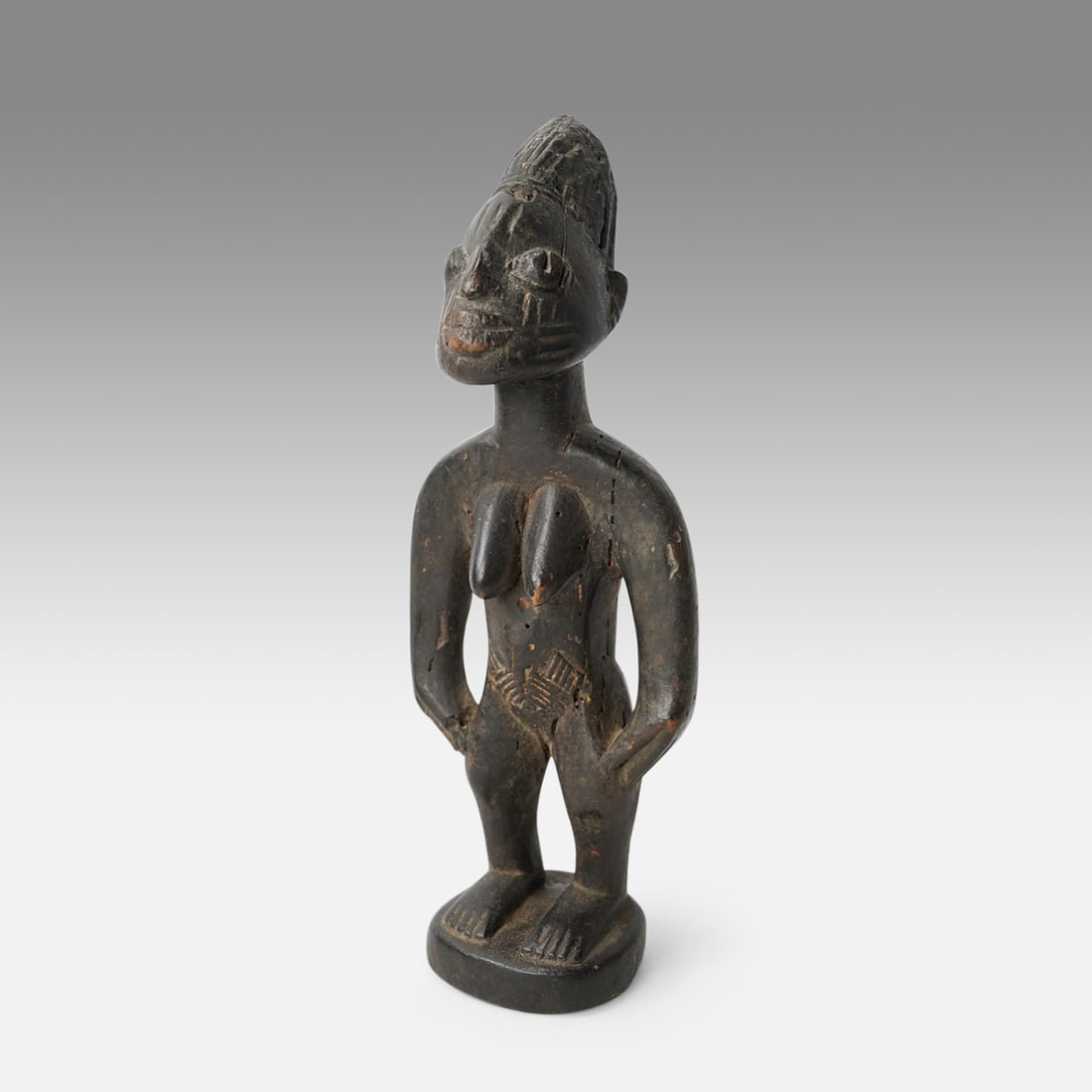 Yoruba Ibeji Twin Figure Oyo Style African Tribal Carved Wood Nigeria #1: Ca. mid 20thC. Good condition, with age-appropriate wear. Yoruba female Ibeji twin, with Igbomina facial scarification and an original old glossy patina. Ex-Nooter coll.