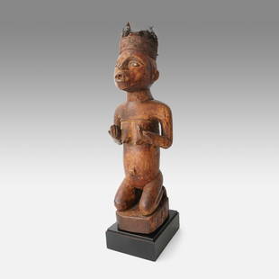 Late 19thC Bakongo Ancestor Figure Carved Wood African Tribal Statue, DRC: Ca. late 19thC. Bankongo ancestor figure, Democratic Republic of Congo. Very good with age appropriate wear, including head gear, and glass eyes. Ex-colonial collection Louvain, Leuven Belgium. Ex-Tad