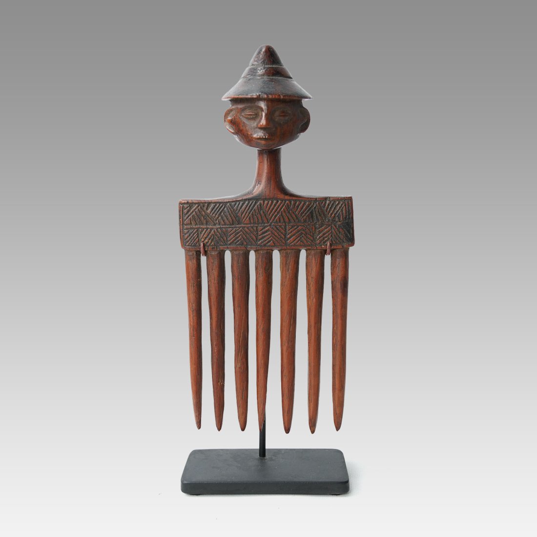 Chokwe African Carved Wood Tribal Hair Comb w/Figural Head Handle, DRC (1 of 6)
