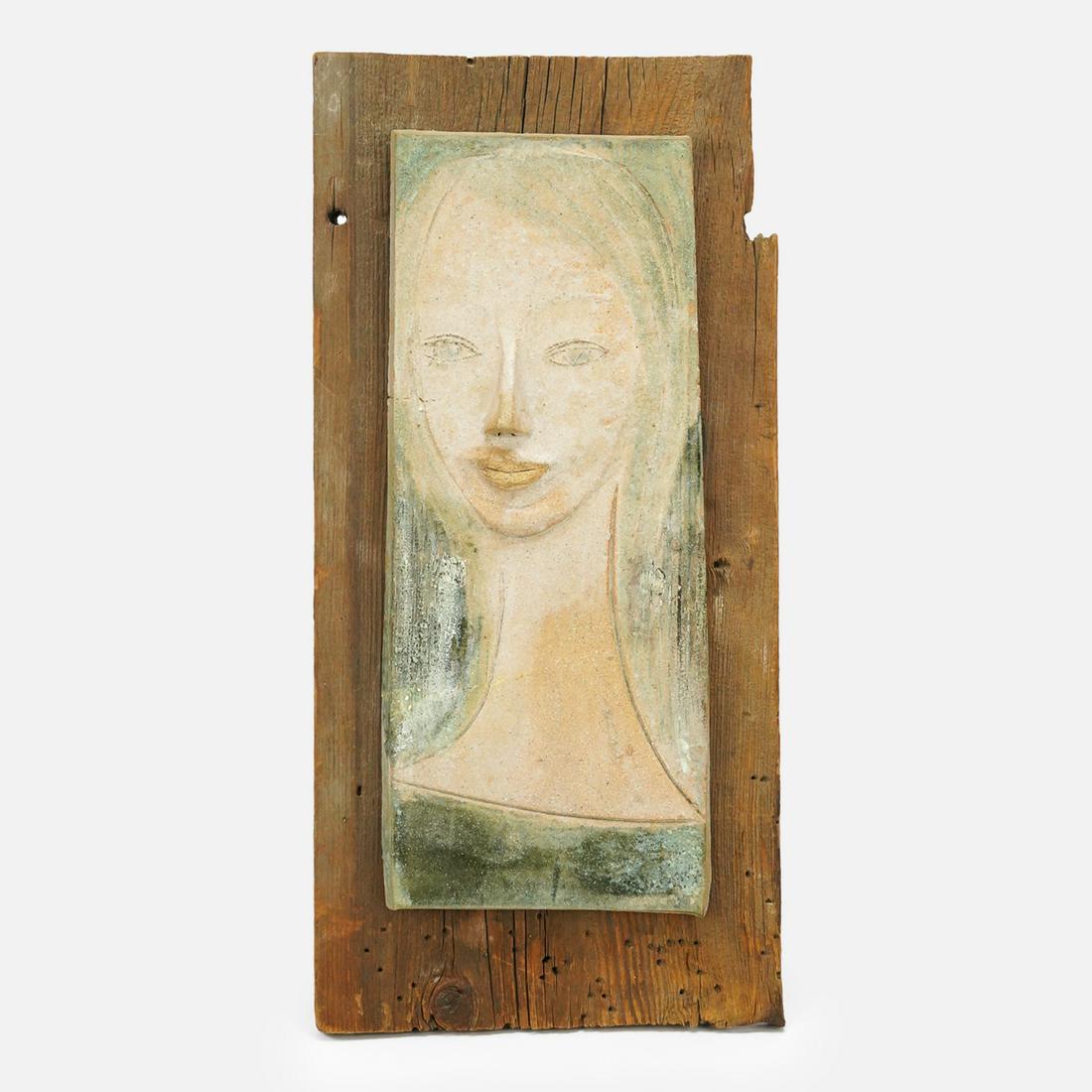 Harmon, Eloise Carved Stoneware Studio Pottery MCM Portrait on Weathered Wood (1 of 8)