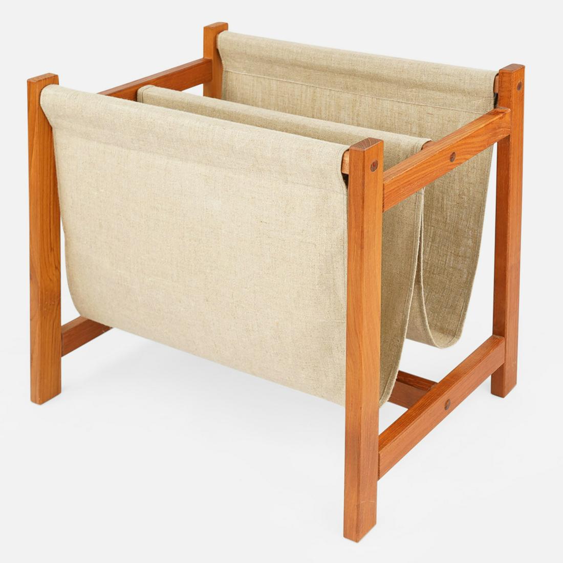 Danish Mid-Century Modern Teak Canvas Magazine Rack Stand (1 of 7)