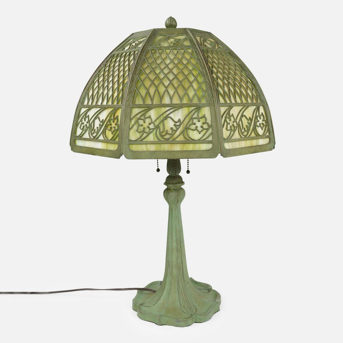 Arts & Crafts 1920s Green Slag Glass Table Lamp (1 of 11)