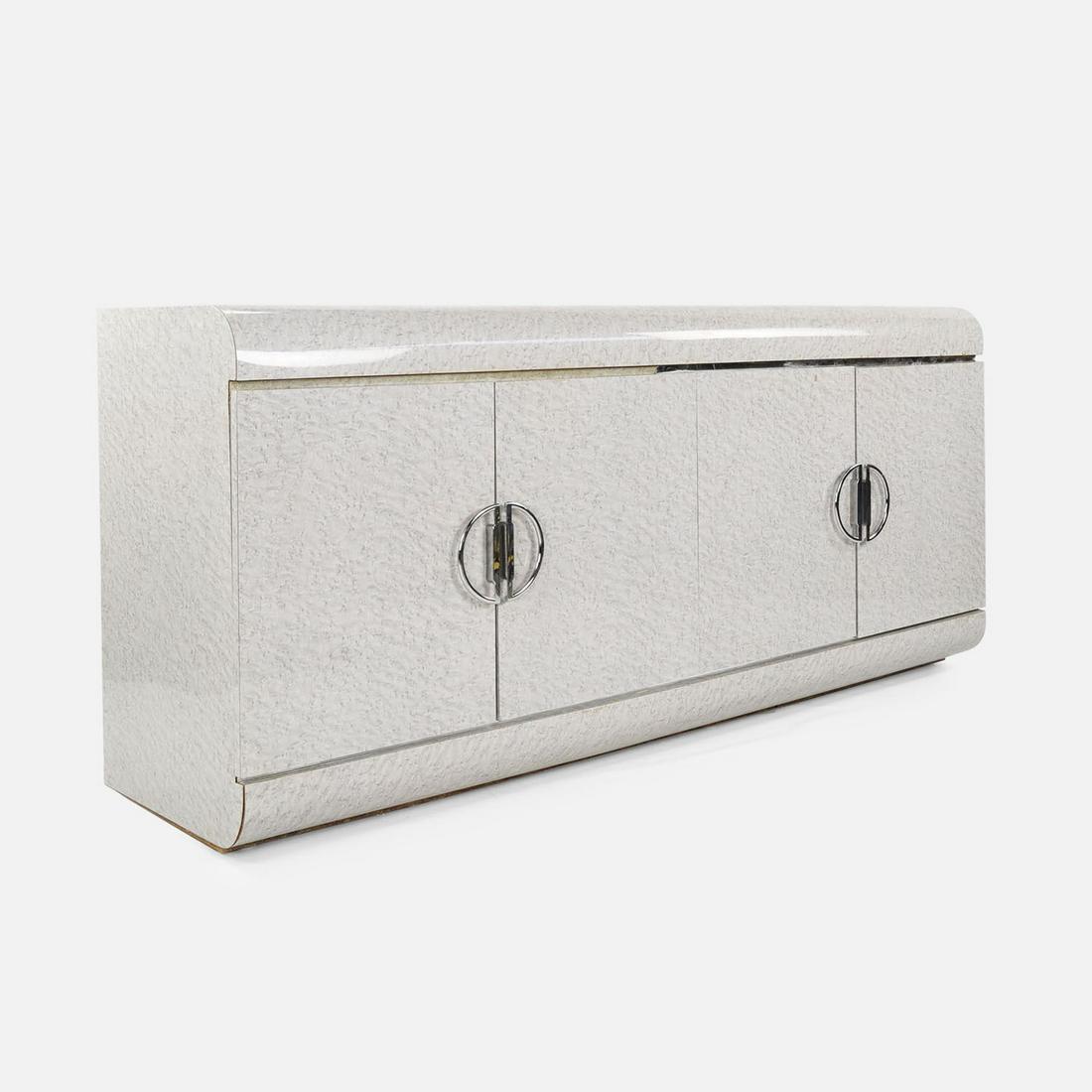 Modernist Faux Travertine Marble Credenza Sideboard: Ca. late 20thC. Modernist faux travertine marble credenza/sideboard.