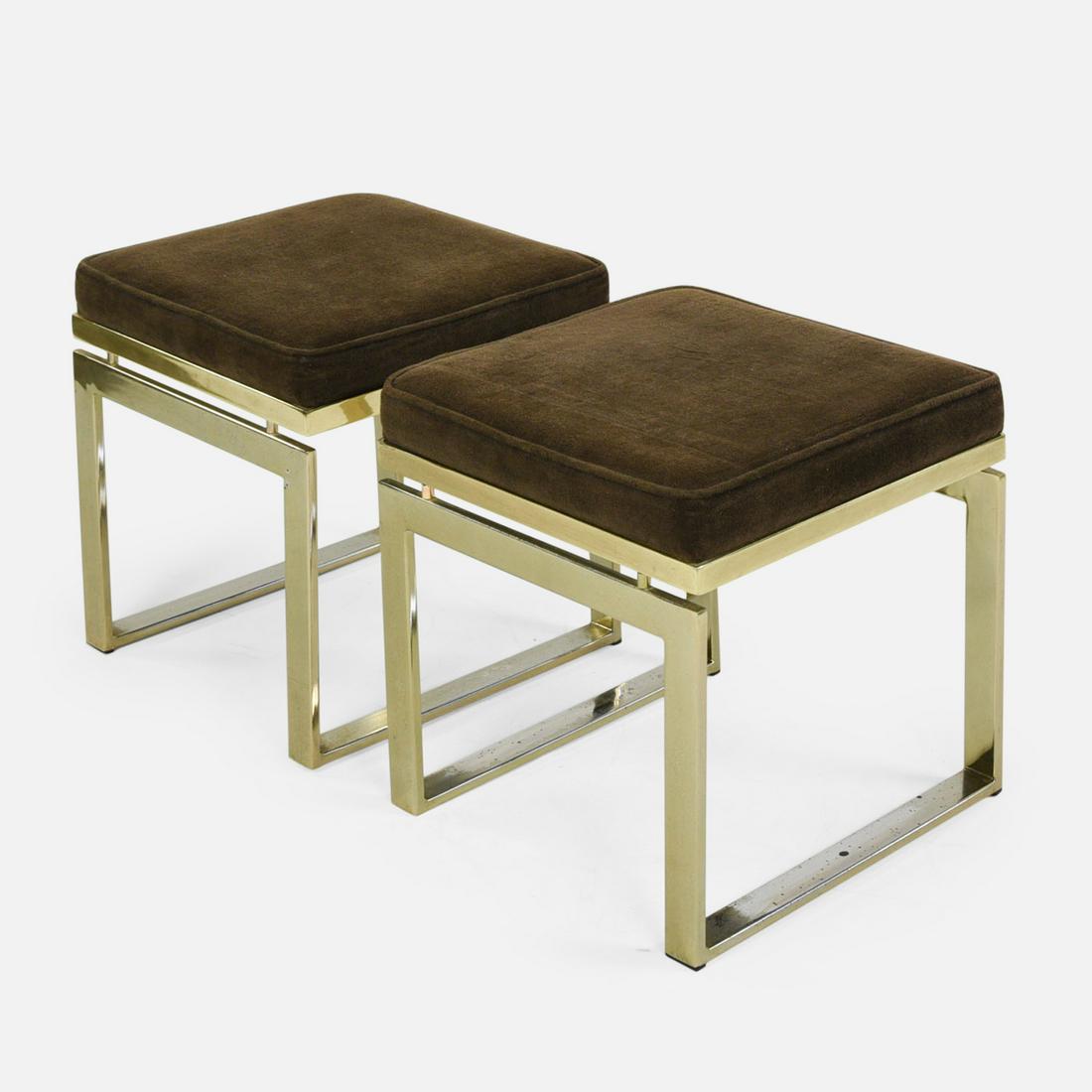 Pair Mid-Century Modern Brass Upholstered Foot Stools 1970s Era (1 of 12)