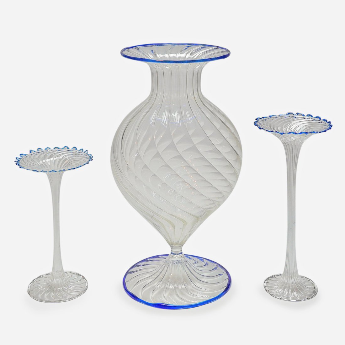 Bimini Werkstatte Style Hand Blown Art Glass Murano Vase w/Two Twist Flute Candlesticks (1 of 10)