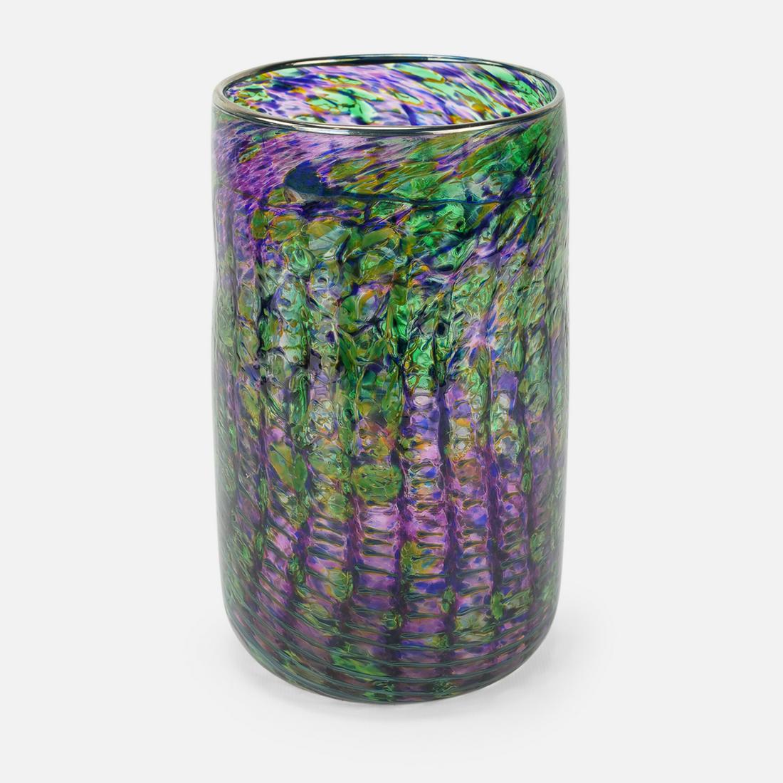 Beautiful Multicolored Cylinder Art Glass Vase Wisteria Design Signed "DAVID E" 1999 (1 of 8)