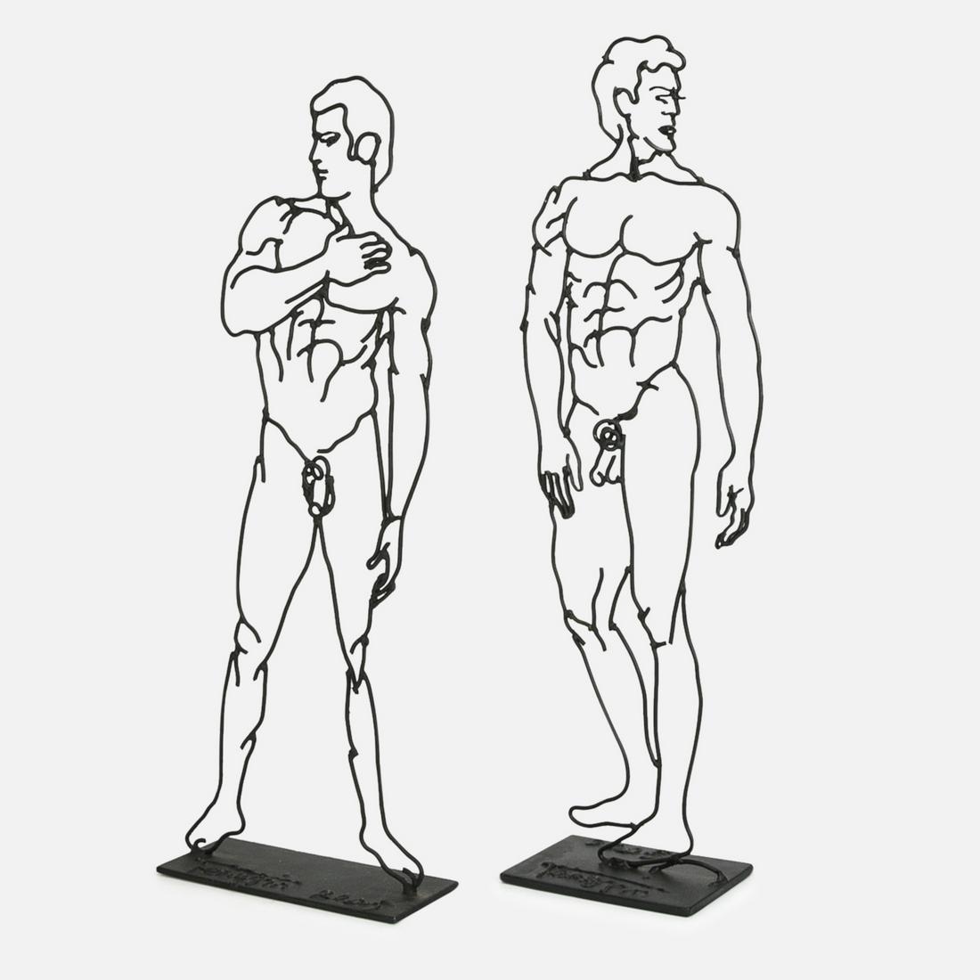 Signed Wrought Steel Silhouette Sculptures of Nude Men: Ca. early 21stC. Wrought steel black sculptures of nude men's silhouettes, illegibly signed and dated 2005.