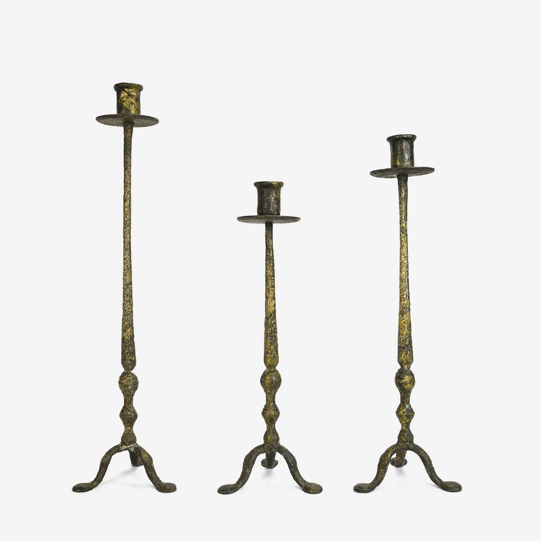 Set of Three Tall Brutalist Cast Bronze Candlesticks (1 of 9)