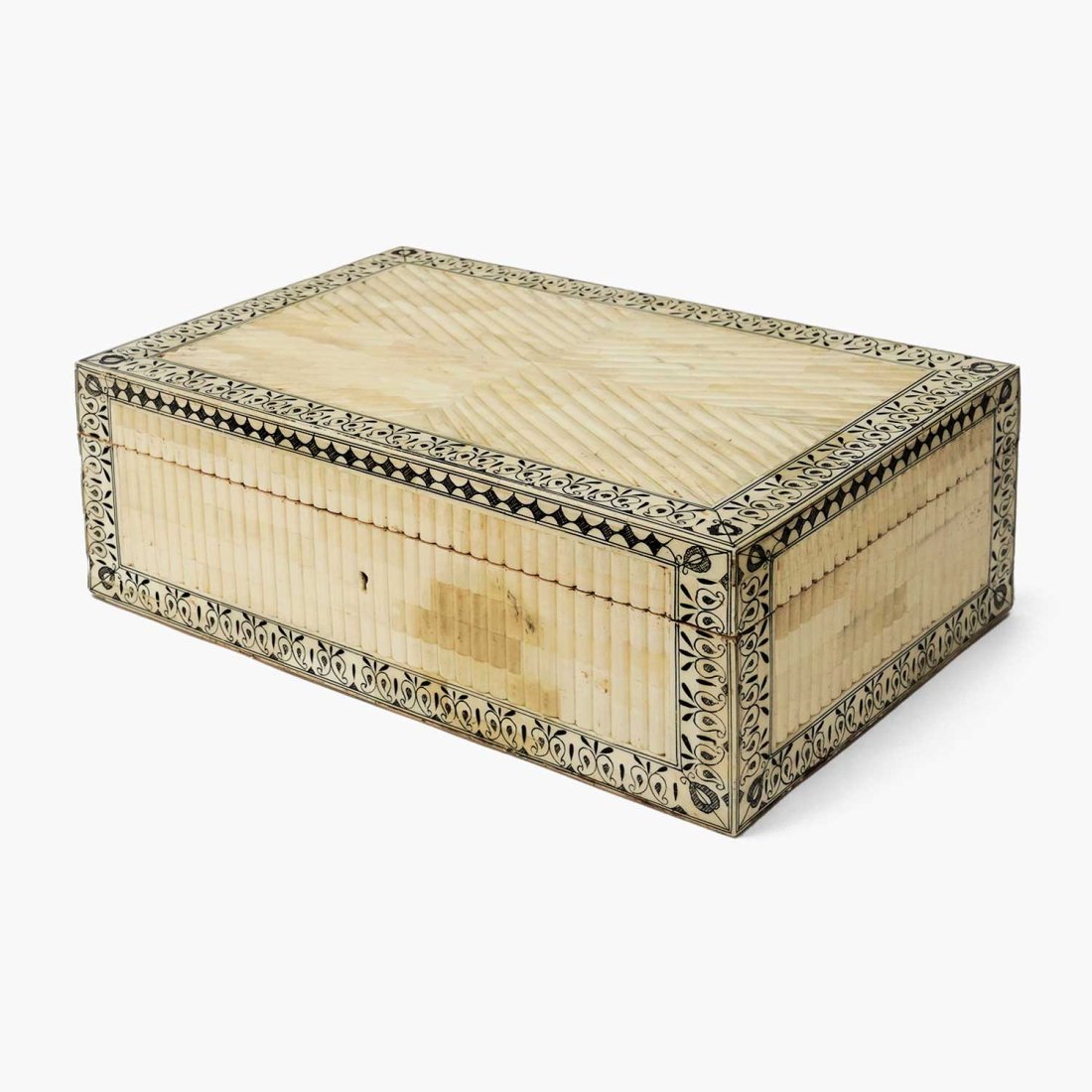 Large 1970s Ebonized and Etched Channel-Set Bone and Wood Trinket Box: Ca. last quarter 20thC. Very good with no missing parts, no breaks or repairs. Some natural discoloration evident. Comes with two keys.
