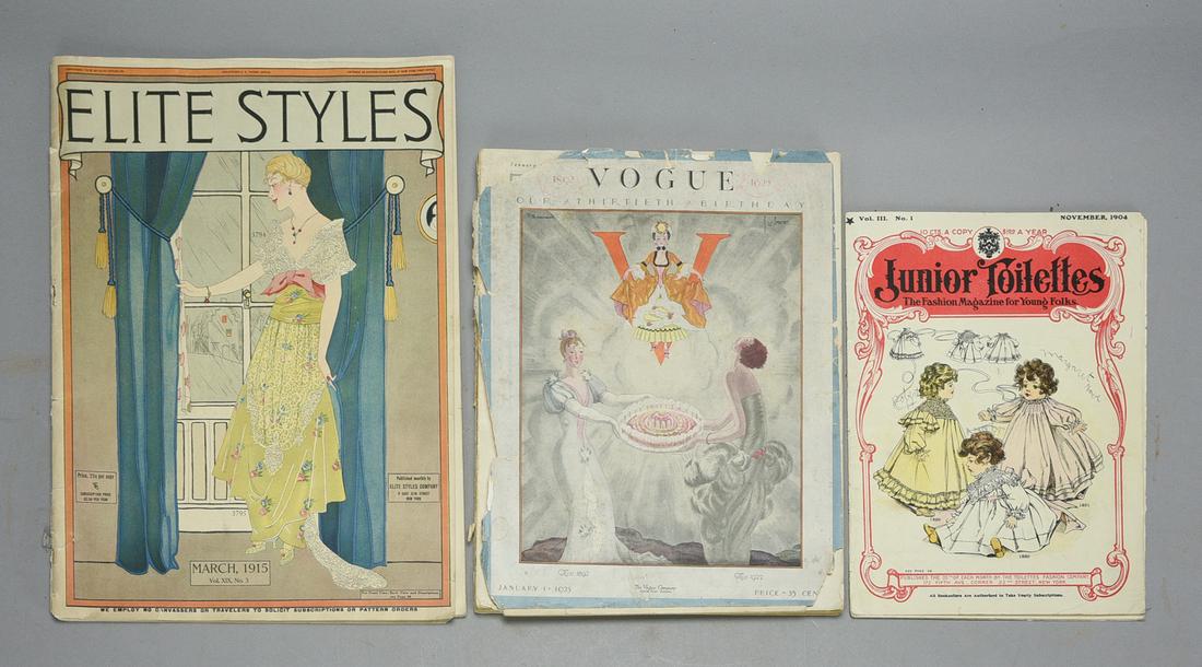 Group of Three Antique Ladies Fashion Magazines Voque, Junior Toilettes, Elite Styles: Ca. 1904, 1915, 1922. Condition is used but complete, with Vogue cover detached. Fantastic issues showing the current fashions in both black and white and full color illustrations. Especially the Elit