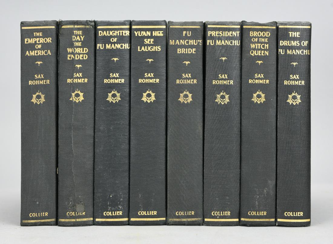 Eight Orient Edition Books by Sax Rhomer 1929-39: Eight Orient Edition Books by Sax Rhomer 1929-39. All bound in original black cloth-covered boards with blind stamped web illustrations to the front board and gilt lettering to the spines.