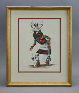 Watercolor on Paper of a Navajo Hopi Dancer by Richard Gorman: Watercolor on Paper of a Navajo Hopi Dancer by Richard Gorman. Frame size: 16 1/2" H x 13 1/2" W x 1" D. Sight size: 11" H x 8 1/2" W.