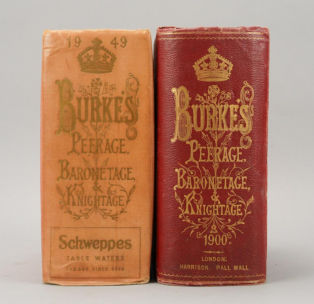 Burke, Sir Bernard. A Genealogical and Heraldic Dictionary of the Peerage Baronetage Knightage: Two volumes offered here: Dates 1900 and 1949. Published by Harrison and Sons,, 1900 and 1949. Both good, with complete pages with some foxing, damp stains, and other defects. Overall very good copies
