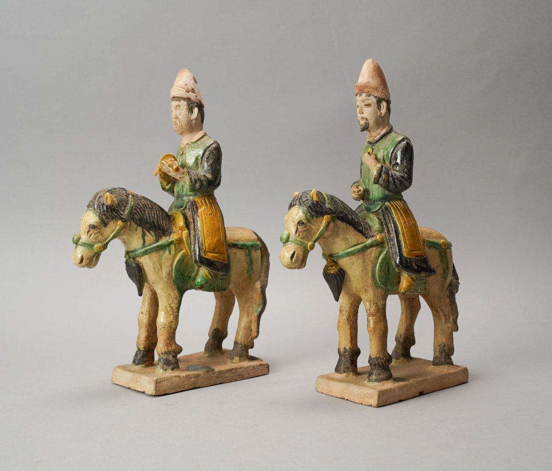 Antique Ming Chinese Sancai Glazed Ceramic Horse & Rider Statue Pair Figurines: Ca. 18th/19thC. Age appropriate wear, including surface glaze rubs and nicks, apparently no cracks or repairs. Possibly tomb figurines.