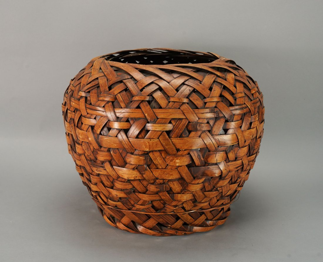 Antique Japanese Woven Bamboo Ikebana Flower Basket: Ca. mid to late 19thC. Excellent original condition, with age appropriate wear along with a fantastic original patina throughout.