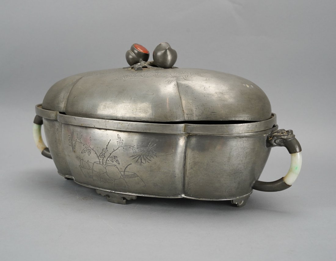 Antique 19thC Chinese Three-Piece Pewter Food Warmer w/Carnelian and Jade #1: Ca. second half 19th to first quarter 20thC. Very good with no major dents or dings, and no repairs. This is the first of two similar food servers listed in this auction sale.