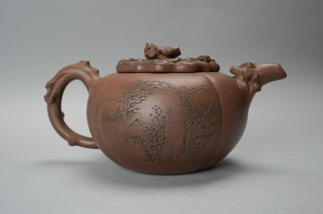 Fine Chinese Yixing Purple Zisha Clay Teapot: Ca. 20thC (?). Excellent with no chips, cracks or repairs. Marked as shown. Click here for high resolution photos.