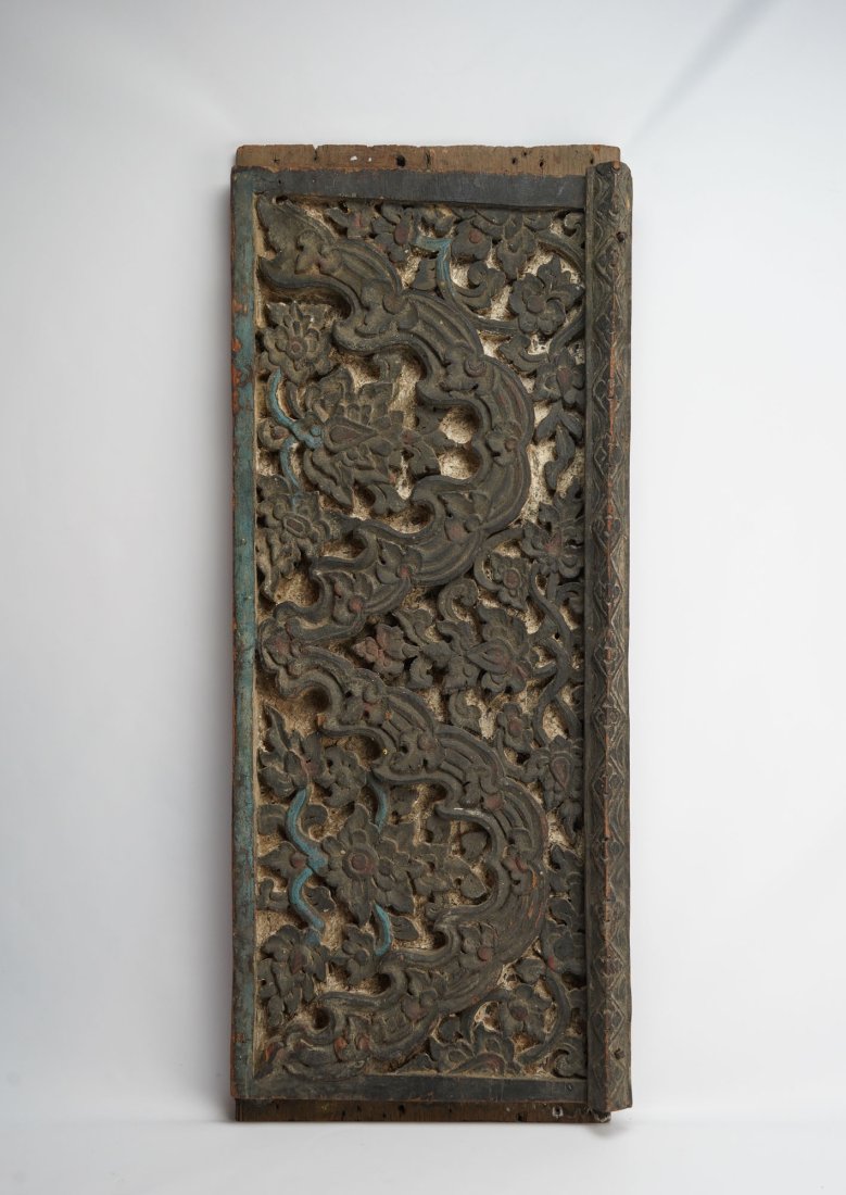 Large Antique 19thC Indonesian Carved Wood Architectural Building Panel: Ca. 19thC, possibly earlier. Very good with age appropriate wear, including minor chips, wood loss, paint rubs, etc. Deeply carved high relief panel, possibly a door transom.