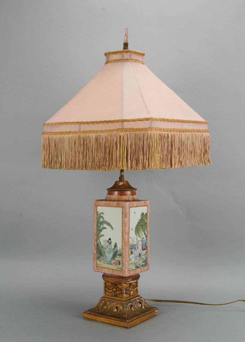Rare 1920s Edward Farmer Painted Porcelain and Giltwood Asian Deco Boudoir Lamp: Ca. 1st quarter 20thC construction with 19thC porcelain. Pink shade lamp, with label "E. I. Farmer / 16 East 56th Street / New York. Overall measurements included in listing. Just base to body top mea
