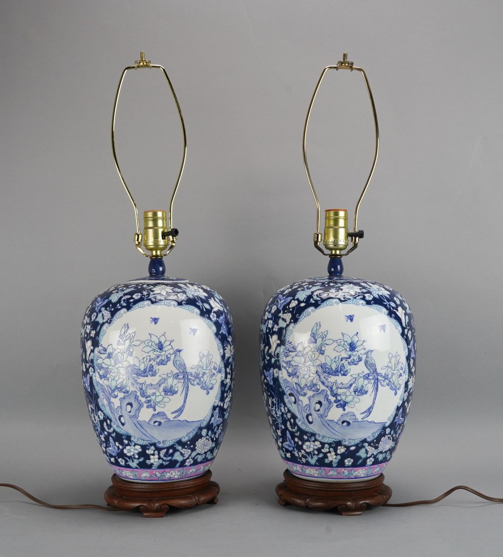 Impressive Pair 1960s Chinese Export Blue and White Porcelain Enamel Ginger Jar Lamps: Ca. last half 20thC. These are quite large table lamps (25" total height), in excellent condition, however we suggest a qualified person look this pair over before use. Overall measurements included i