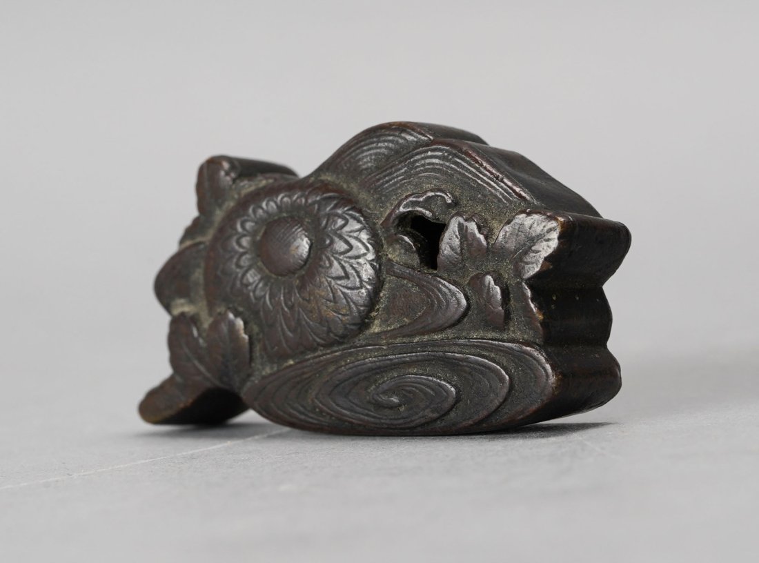 Antique 19thC Japanese Meiji Figural Bronze Flower Pond Suiteki Water Dropper Calligraphy Tool: Ca. late 18th to early 19thC. Very good with no dents, breaks, splits or repairs. Vessels such as this were used to drip small amounts of water on ink stones for use in Japanese calligraphy.