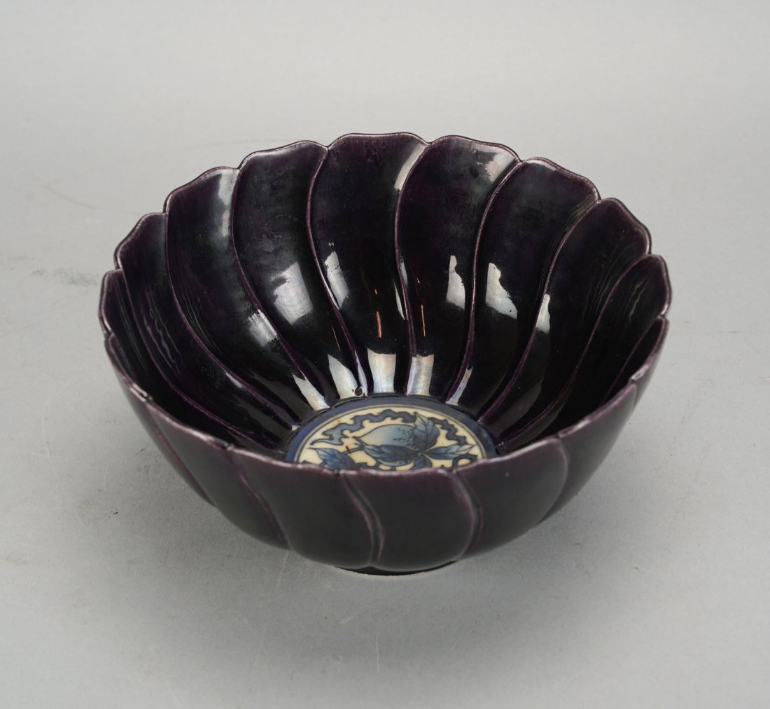 Nice Japanese Plum Glazed Swirl Lobed Deep Bowl: Ca. early 20thC. Excellent with no chips, cracks or repairs. Not signed. No crazing.